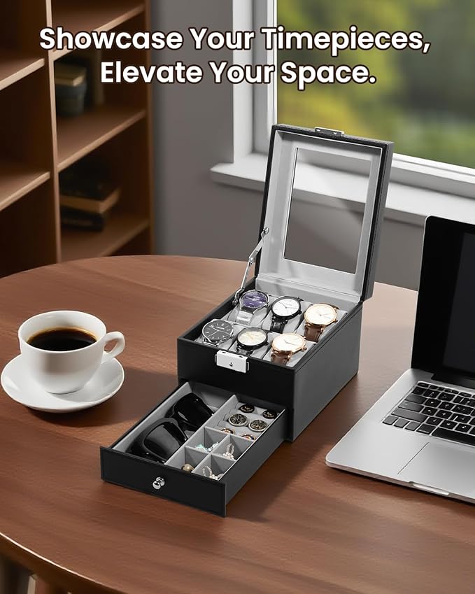 Uten 6-Slot Watch Box, 2-Layers PU Leather Watch Case with Glass Lid, Watch Holder Organizer with Soft Pillow and Velvet Lining, Watch and Jewelry Storage Box