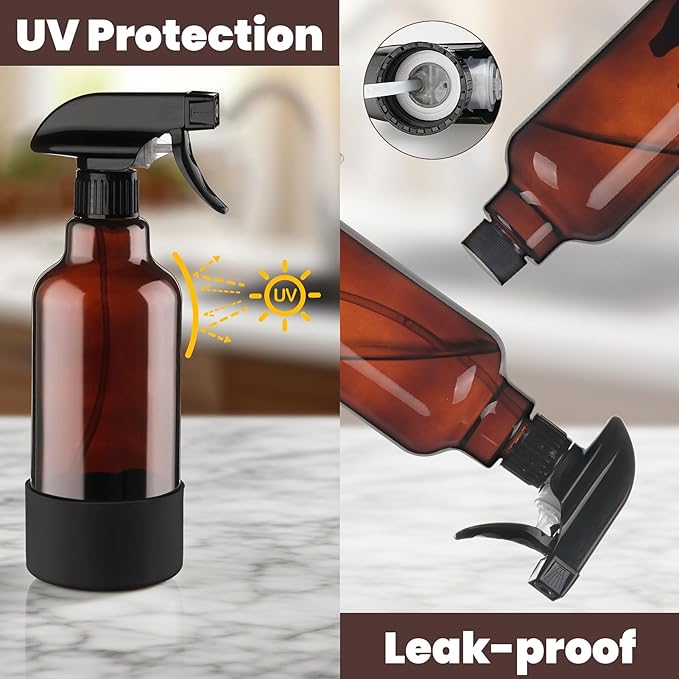 Ronyes Lifescience Glass Spray Bottles with Silicone Sleeve, 2 Pack 16 oz Refillable Containers with Adjustable Spray Nozzles, Empty Bottle Spray for Cleaning Solutions, Hair, Plants (Black+Green)