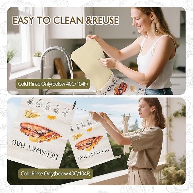 2026 New Upgrade 2-Pack Reusable Beeswax Bread Bags for Homemade Bread Sourdough, 17"×13"Natural XL Beeswax 100% Linen Moisture-proof Lined Storage Bags with Buckle& 1 Bowl Covers,Keeps Fresh Longer