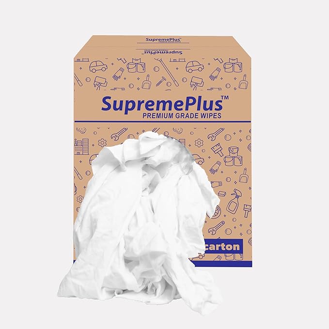 Recycled White T-Shirt Cleaning Rags (50.0 lbs. Box) – Shop Rags Bulk for Oil, Stain, Grease, Paint, and Auto Cleaning, Multipurpose