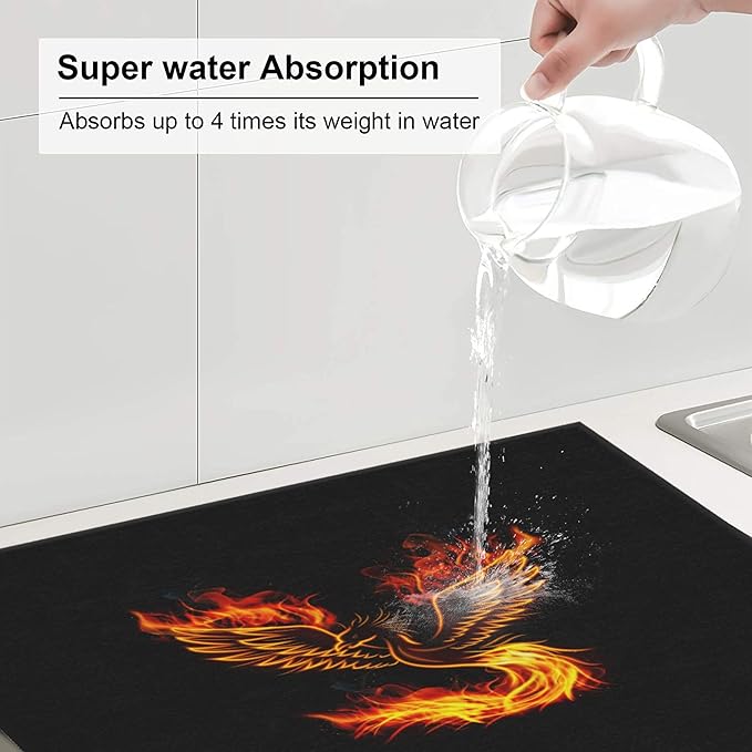 Fire Phoenix Dish Drying Mat for Kitchen Counter Washable Absorbent Reversible Microfiber Funny Drying Pad Kitchen Accessories 16x18 Inch