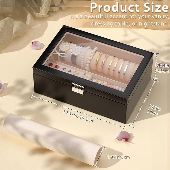 Jewelry Organizer Box with Clear Glass Lid, Bracelet Holder Jewelry Storage Case for Earrings, Rings, Bangles, Watches - PU Leather Jewelry Display Box Gifts for Women Girls, Black