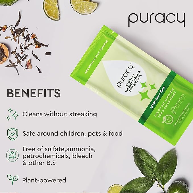 Puracy Multi-Surface Cleaner Packette - Plant-Powered Everyday Surface Cleaner - Natural All Purpose Cleaning Solution As Seen on TikTok (Green Tea & Lime, 0.5 fl oz)