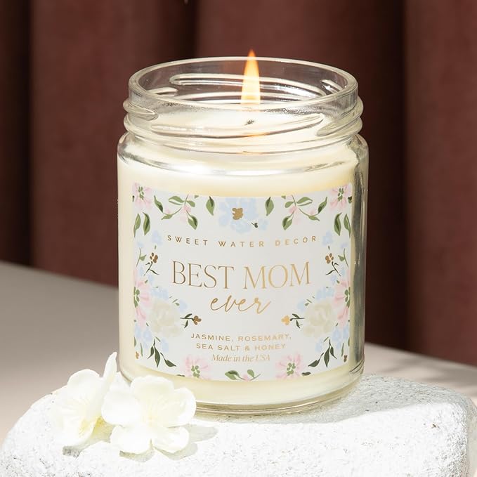 Sweet Water Decor Best Mom Ever Candle – Soy Candles with Lemon, Rosemary, Jasmine, Honey, Violet – 40 Hour Burn – 9oz Clear Glass Jar – Ideal for Mother’s Day Gifts, New Mom Gift