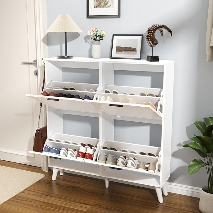 White Large Shoe Cabinet fit up to Shoe Size 16, Freestanding Shoe Organizer with 4 Flip Drawers, Narrow Wooden Shoe Rack for Entryway, Closet, Living Room