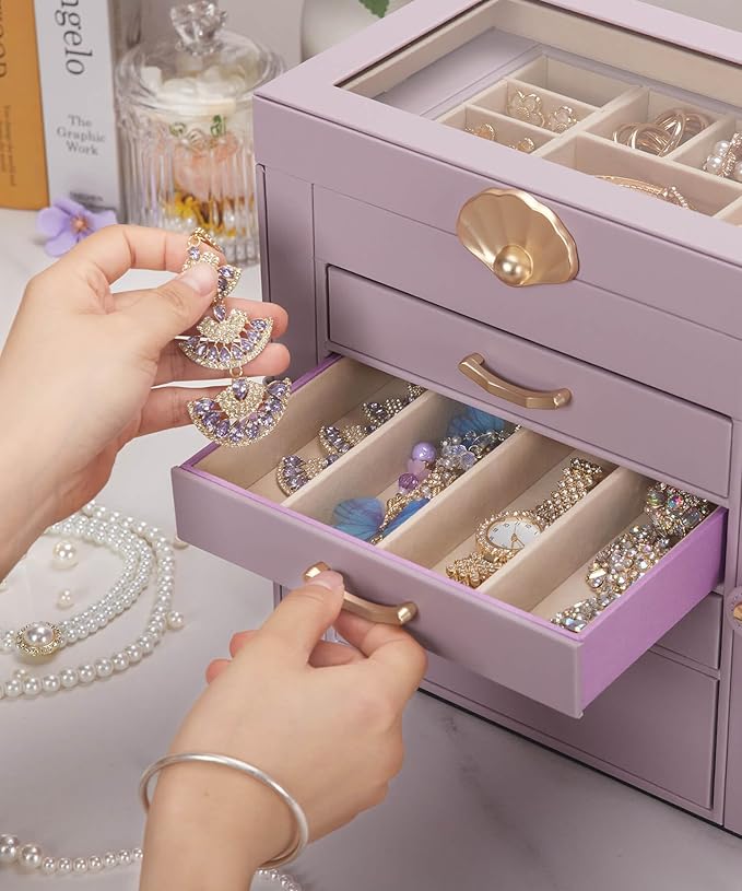 Jewelry Box with 4 Drawers: Display Organizer for Earrings Necklaces - Gifts for Girls Women (Grey Purple)