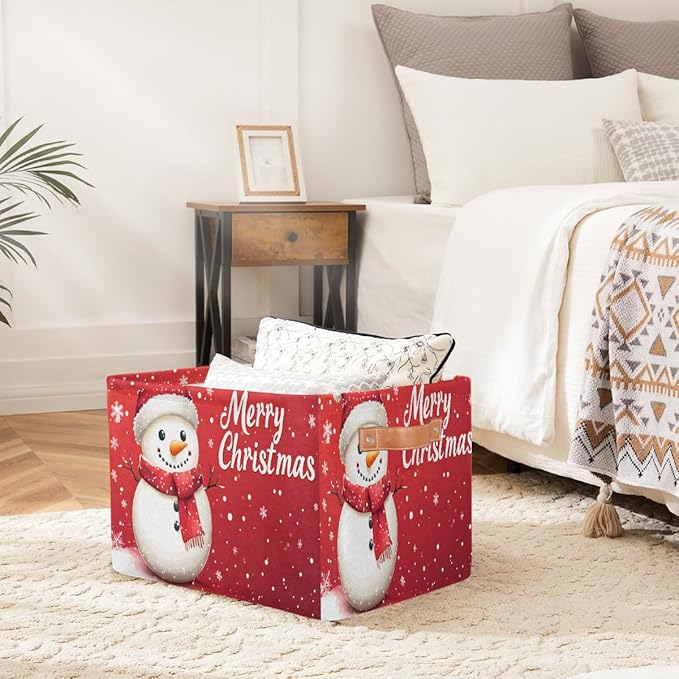 Storage Baskets Bin, Christmas Winter Snowman Collapsible Canvas Fabric Storage Bin Decorative Baskets Toy Organizer Rectangle Storage Boxes with Handles for Home Shelves Nursery, J-015