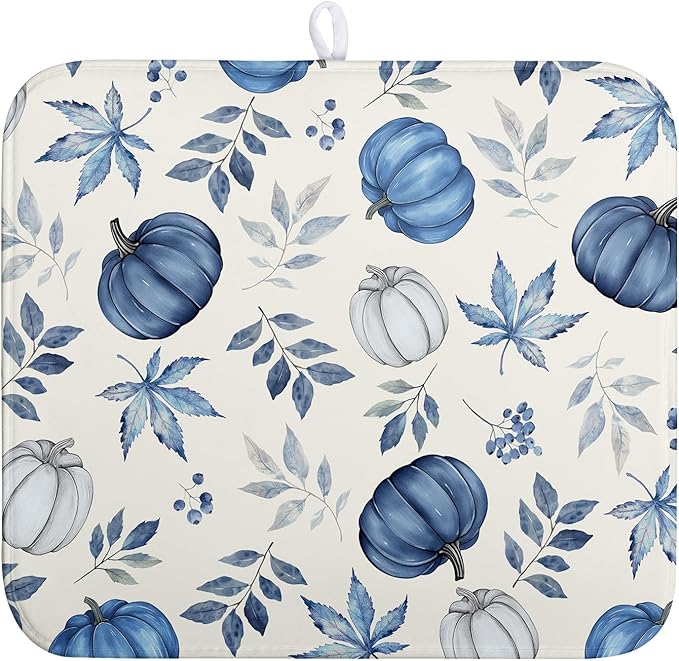 Wnoesat Fall Dish Drying Mat Blue Pumpkin Maple Leaves Drying Mats for Kitchen Counter 16x18 Inch Autumn Thanksgiving Absorbent Microfiber Dish Draining Mat Dishes Pad with Hanging Loop