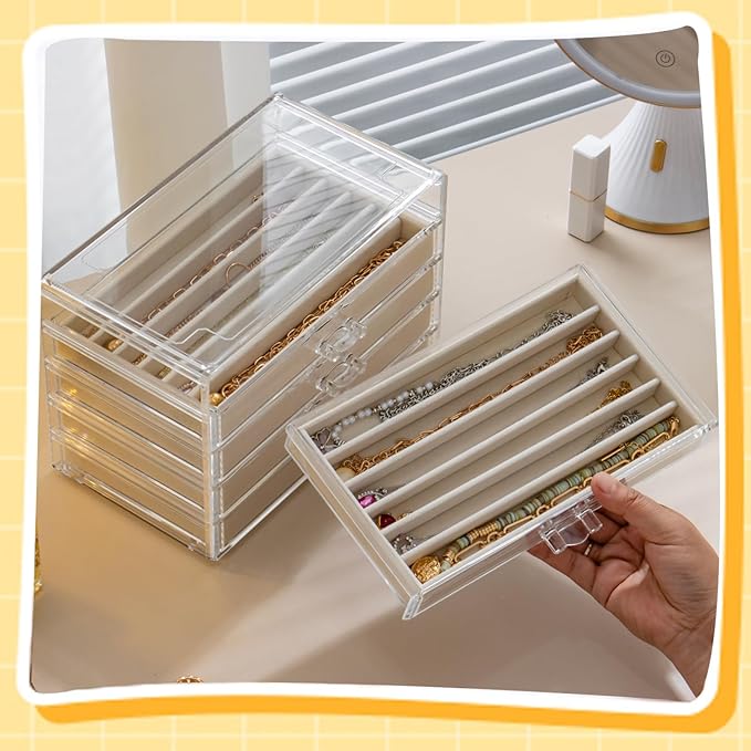 Necklace Organizer Box with 5 Drawers 30 Compartments, Dustproof Velvet Necklace Display Tray, Acrylic Necklaces Display Case, Pendant Chains Necklace Storage Tray Gift for Women and Girls (Beige)