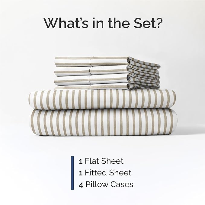 King 6 Piece Sheet Set - Comfy Breathable & Cooling - Soft Hotel Luxury Bedding Set with 8-16 Inch Deep Pockets - 1 Flat & 1 Fitted Sheet & 4 Pillowcases - Wrinkle Free & Easy Care - Beige Stripes 2
