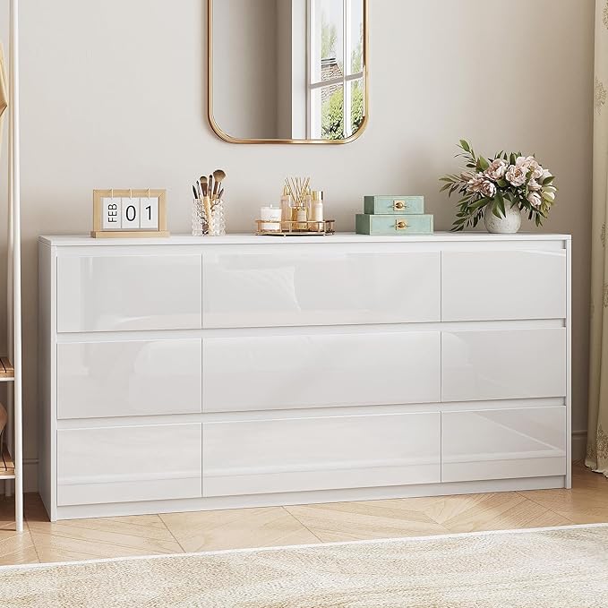 White Dresser for Bedroom,60.4" W High Gloss Large 9 Drawers Dressers with Handle Free, Wide High Gloss Chest of Drawers Large, Long Modern Storage Drawer Dresser for Bedroom, Living Room