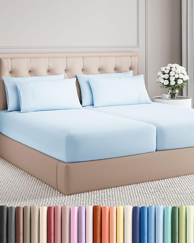 Split King 7 Piece Sheet Set - Comfy Breathable & Cooling - Soft Hotel Luxury Bedding Set with 8-16 Inch Deep Pockets - 1 Flat & 2 Fitted Sheet & 4 Pillowcases - Wrinkle Free & Easy Care - Baby Blue