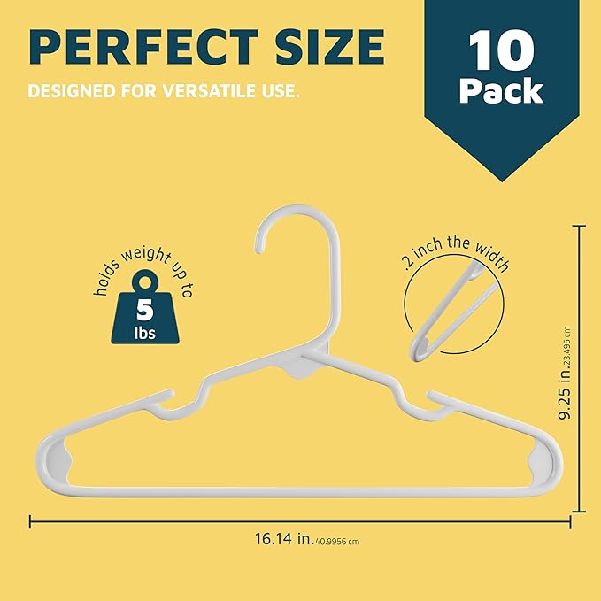 Lifemaster Plastic Kids Clothes Hanger – Children Clothes Hanger with Shoulder Notch, 11.6 Inch Space-Saving Closet Organizer for Baby, Toddler, and Kids Clothing, Hold Up to 5 lbs, Pack of 10, White