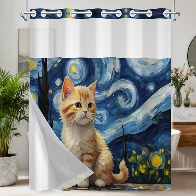 Starry Night Cat Cute Shower Curtain, No Hook Cat Shower Curtain with Weighted Snap in Liner, Waterproof Shower Curtains for Bathroom, Translucent Top Window Design, Gifts for Cat Lovers, 71x74 Inches