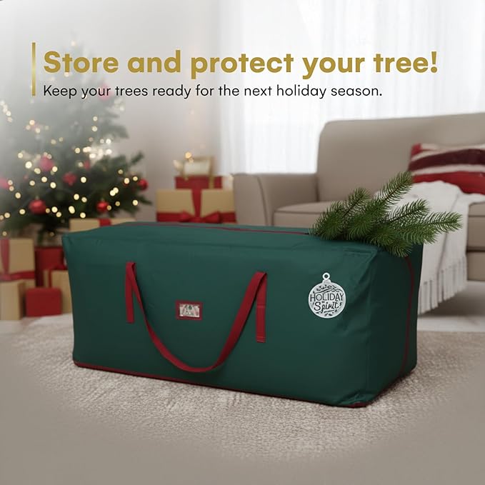 HOLIDAY SPIRIT Christmas Tree Storage Bag for 7.5 ft Tree - Heavy Duty, Waterproof 600D Oxford Canvas with Reinforced Handles and Dual Zipper - Protects from Dust and Moisture - Xmas Tree Bag, Green
