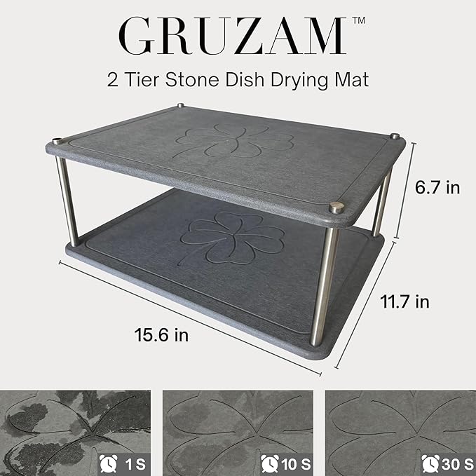 GRUZAM 2 Pcs Stone Dish Drying Mat, 2 Tier Dish Drying Stone for Kitchen Counter with Absorbent Dish Drying Mat, Stone Dish Drying Rack, Flexible Stone drying rack (Slate, 15.6" x 11.7" x 6.7")