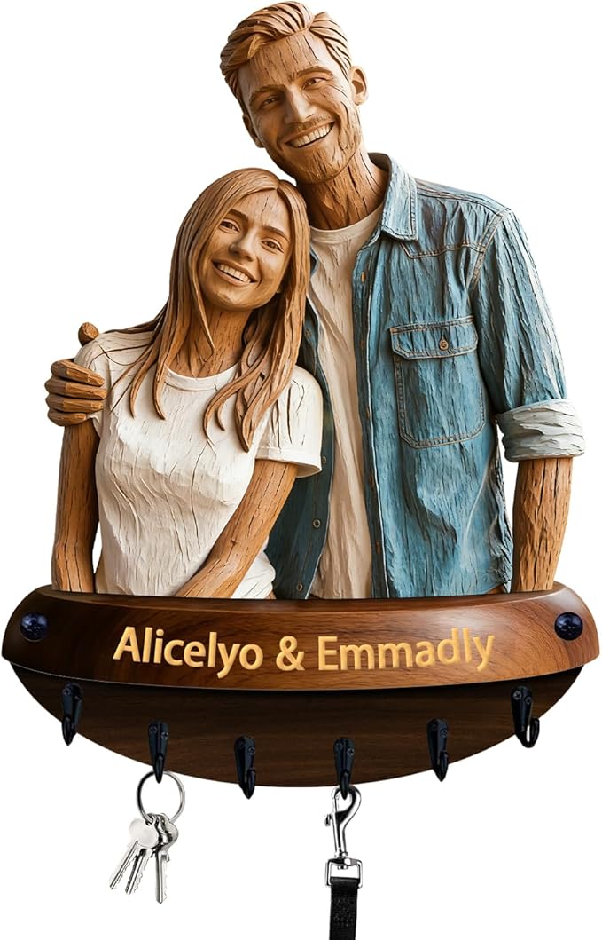 Custom Photo Wood Carving Style Wall Mounted Hook Custom Couple Picture Realistic Style 2D Key Storage Holder for Bedroom Living Room Hallway Couple Photo Coat Rack Home Decor Gift for Husband Wife
