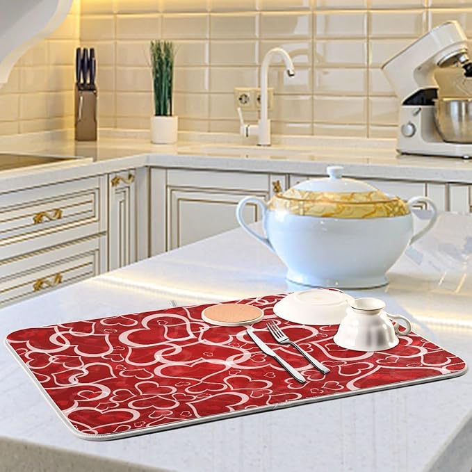 Red Pink Love Heart Dish Drying Mat for Kitchen Happy Valentine's Day Microfiber Drying Mats Absorbent Reversible Dish Pad Medium Dish Draining Mat 16x18 inch