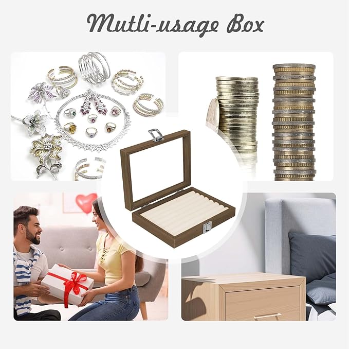 Stratalife Ring Box with Glass Lid Wood Jewelry Organizer for Women Ring Holder Display with Metal Clasp Velvet Lining Small Ring Tray for Jewelry Storage Beige