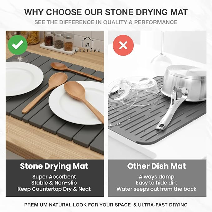 Large Stone Dish Drying Mat for Kitchen Counter, 24"x16", Fast Drying Collapsible, Diatomaceous Earth Mat, Super Absorbent Folding Mat for Dishes, Bottles, Glass, Heat-Resistant, Non-Slip (Dark Gray)