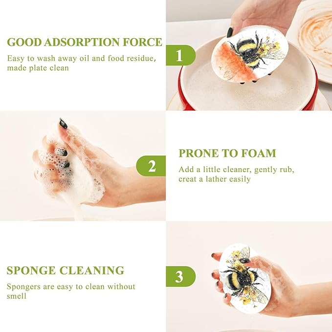 Kcldeci 3 Pack Kitchen Scrub Sponges Fluffy Bumblebee Kitchen Dish Sponge Non-Scratch Microfiber Sponge for Household Cleaning Dishes, Pots and Pans