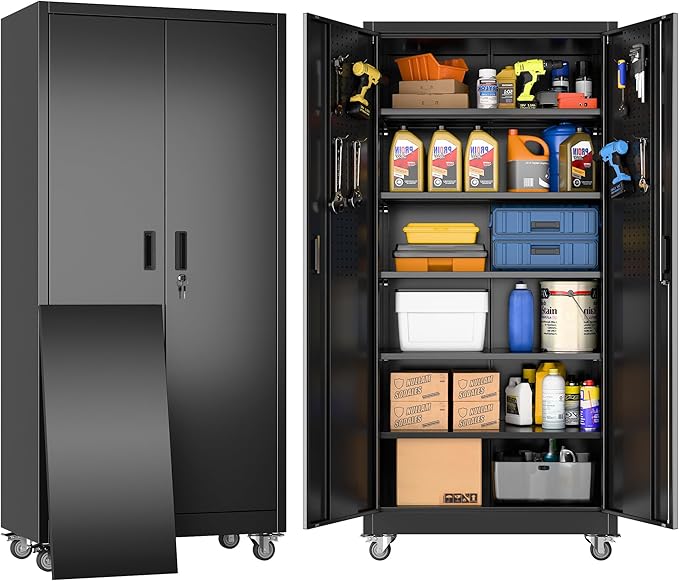Garage Storage Cabinet with Wheels & Pegboard, Lockable Metal Storage Cabinet with Doors and 5 Adjustable Shelves for Garage, Home, Storage, Assembly Required, Black, 71" H×34" W×18" D