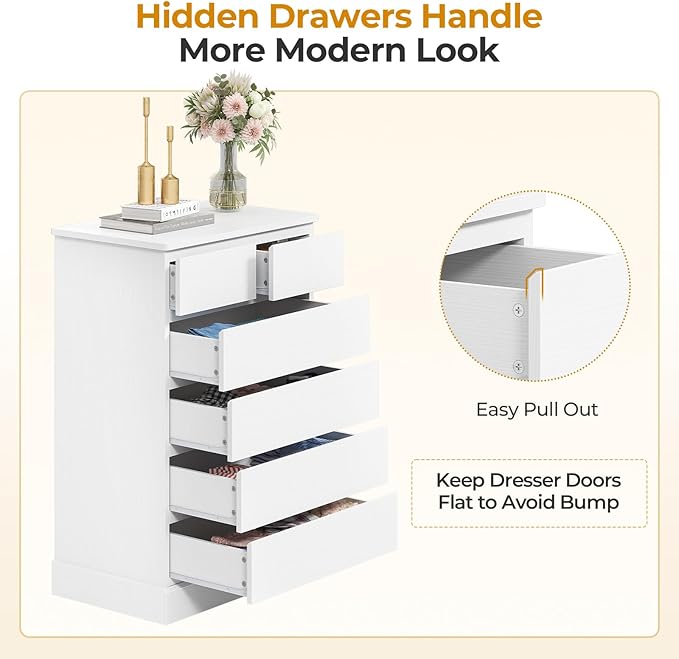 Hasuit 6 Drawer Dresser for Bedroom, Tall Chest of Drawers Storage Organizer for Closet, Modern Clothes Storage Tower with Ample Storage Space, White