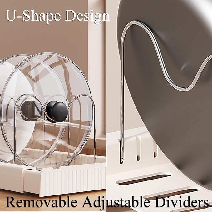 Pots and Pans Organizer Under Cabinet Expandable Pot Lid Holder with 7 Adjustable Dividers Pot Rack for Kitchen Storage Cutting Boards, Bakeware, Lid, White