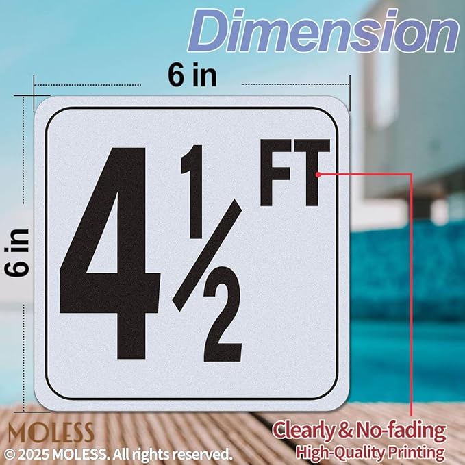 4½FT Pool Depth Marker Stickers – 6x6″ Anti-Slip Vinyl Tile Stickers for Swimming Pool Safety Signs, Adhesive Pool Depth Markers for Decks, 4½ FT (1 Pack)