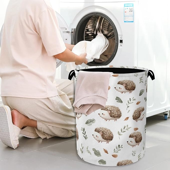 Hedgehog Laundry Hamper,Plant Leaf Dirty Clothes Laundry Basket with Handles Waterproof Oxford Cloth Storage Basket for College Dorms Bathroom Bedroom 16" x 20.8"