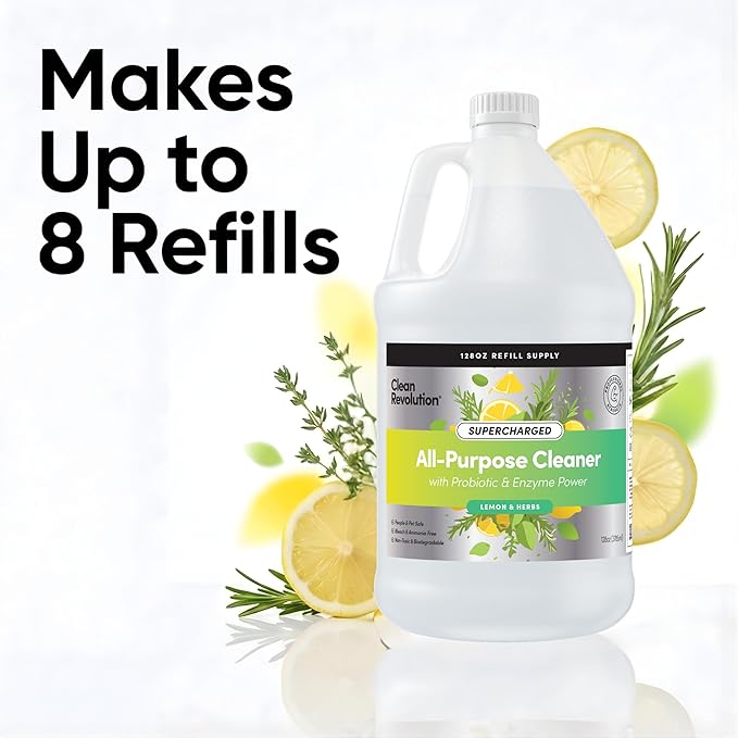 Clean Revolution SuperCharged All Purpose Cleaner Refill with Smart Probiotic + Enzyme Complex, Multi-Surface Kitchen Bathroom & Floor Cleaner, Lemon & Herbs, 128 Fl Oz