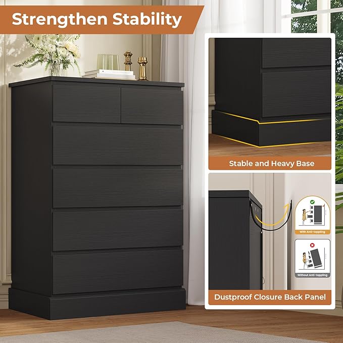 DICTAC Black Tall Dresser for Bedroom with 6 Drawers, 43.9" Tall Dressers & Chests of Drawers, Modern Wood Closet Organizer and Storage Cabinet, Large Vertical Dresser for Bedroom, Closet, Hallway
