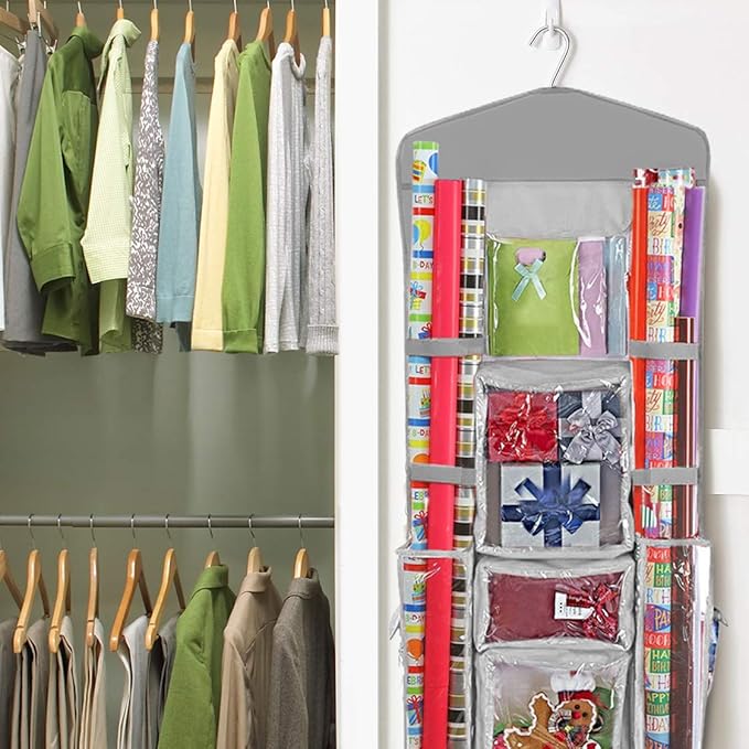 ProPik Hanging Double Sided Christmas Wrapping Paper Storage Organizer With Multiple Pockets, Organize Gift Wrap, Bows, Ribbons - 40"X17" Fits 40 Inch Rolls - Clear PVC Bag (Grey)