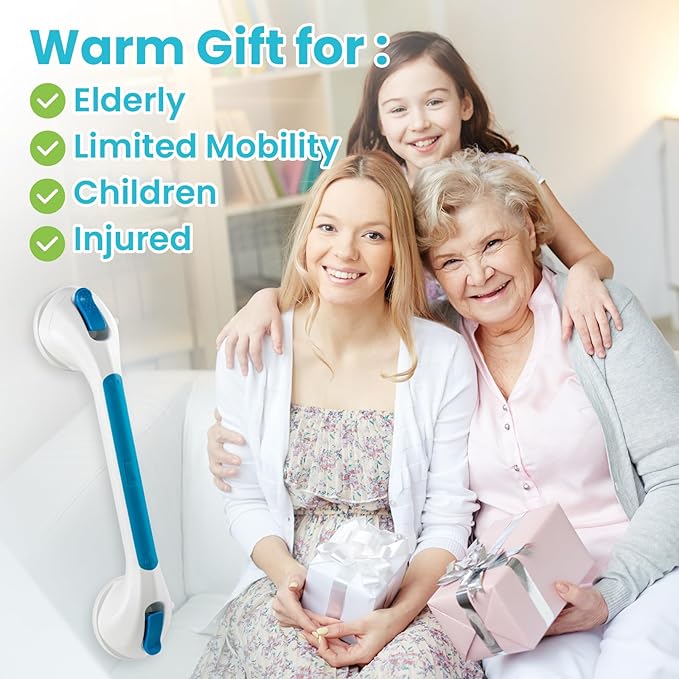 TAILI Shower Grab Bar Glow in The Dark, 16.8 in Grab Bars for Bathtubs, Shower Handles Bath Rails for Seniors and Elderly, Bathroom Safety Grip Removable No Drilling Waterproof Blue