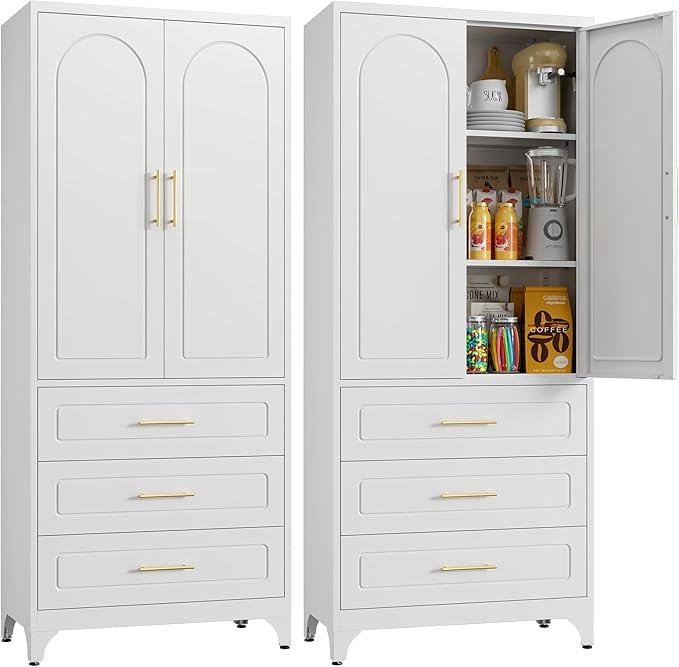 Metal Storage Cabinet with Doors and Shelves, 75" Tall Kitchen Pantry Storage Cabinets with 3 Drawer, White Food Pantry, Steel Office Cabinet, Large Cupboard, for Kitchen, Dining, Living Room