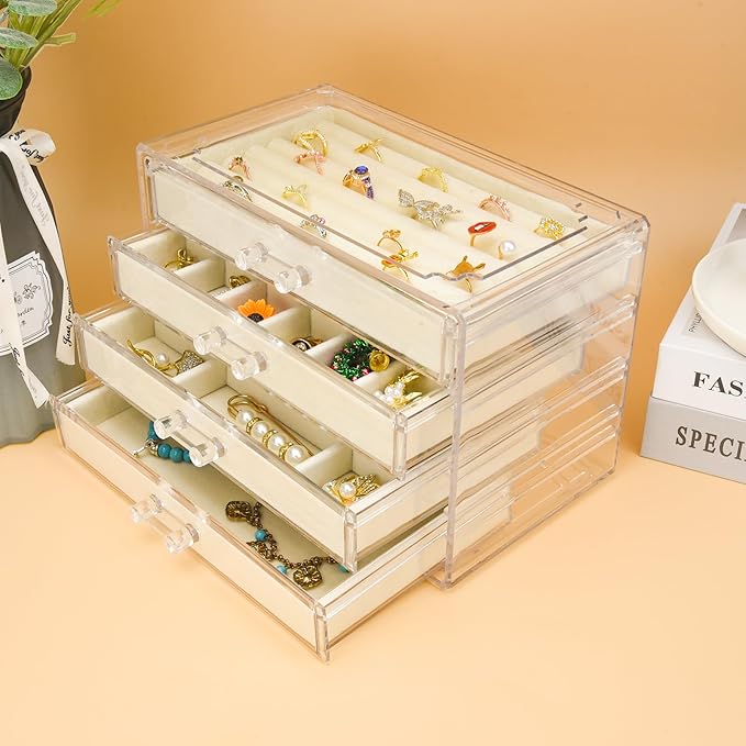 Weiai Acrylic Jewelry Organizer, Clear Jewelry Box with 4 Drawers, Jewelry Case Storage for Women (Beige)