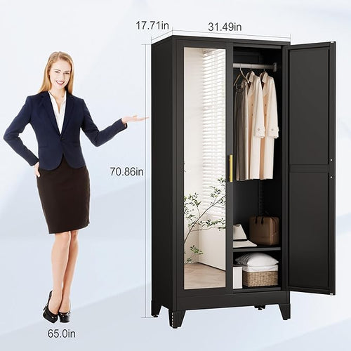 71" Metal Armoire Wardrobe Closet, Steel Clothing Storage Cabinet with Mirror and Adjustable Shelves, Household Steel Wardrobes Storage Cabinet with Adjustable Standing Feet and Hanging Rod（Black）