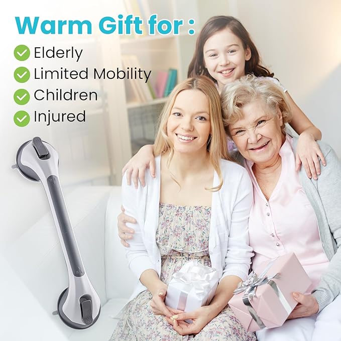 TAILI Shower Grab Bar Glow in The Dark, 16.8 in Grab Bars for Bathtubs, Shower Handles Bath Rails for Seniors and Elderly, Bathroom Safety Grip Removable No Drilling Waterproof Grey