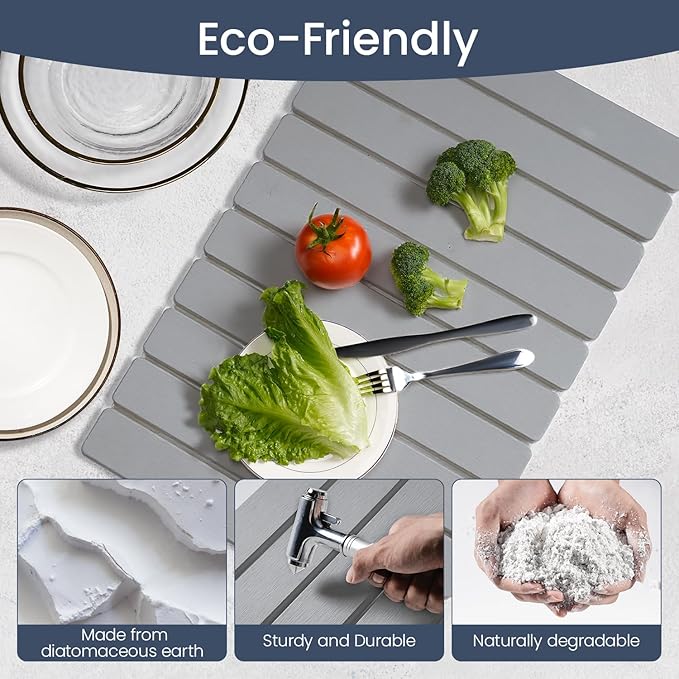 Meowoo Stone Drying Mat for Kitchen Counter, 23.6"x15.3" Foldable Diatomaceous Earth Mat, Super Absorbent, Quick-Dry Bath & Kitchen Pad for Dishes, Cups, Non-Slip, Fit Any Countertop - Light Gray