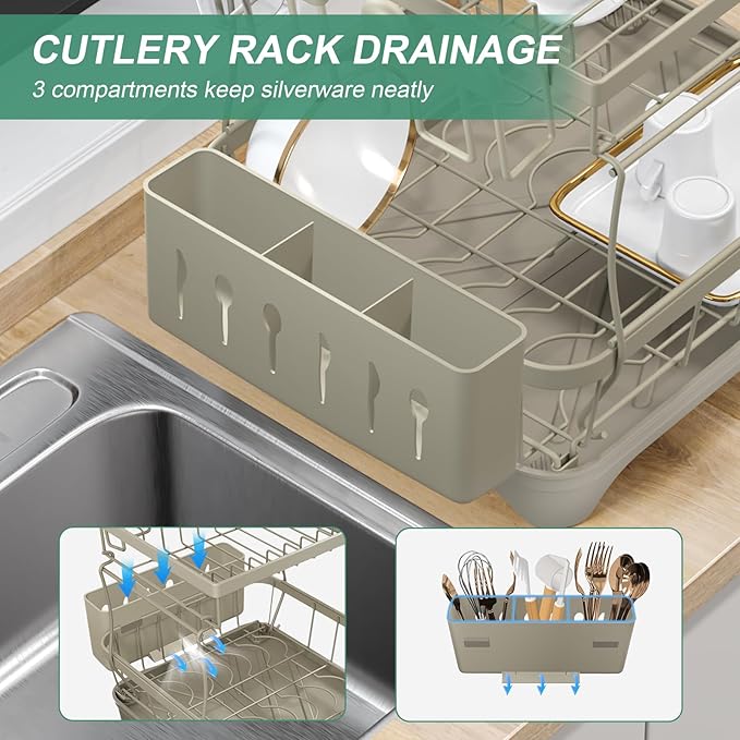 HOMEAILIE Dish Drying Rack, 2-Tier Dish Drying Rack with Utensil Holder – Large Capacity Auto-Draining Dish Drainer with Drainboard for Kitchen Counter, Grey
