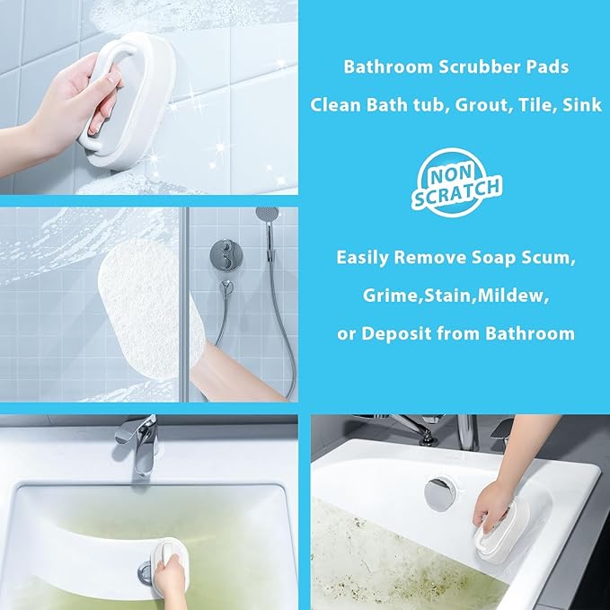 Lumkew Handle Bath Tub Scrubber, Non Scratch Bathroom Scouring Pad, Bathtub Scrubber Soap Scum Remover for Shower Tile Grout Sink Pool Step & Corner, Heavy Duty Cleaning Sponge Scrub, 2 PCS