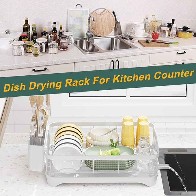 LIYI Dish Drying Rack,Adjustable Spout Design, Kitchen Dish Racks,Made of Iron Material,with Removable Draining Board,Suitable for Kitchen and Caravan Use Scenarios,White