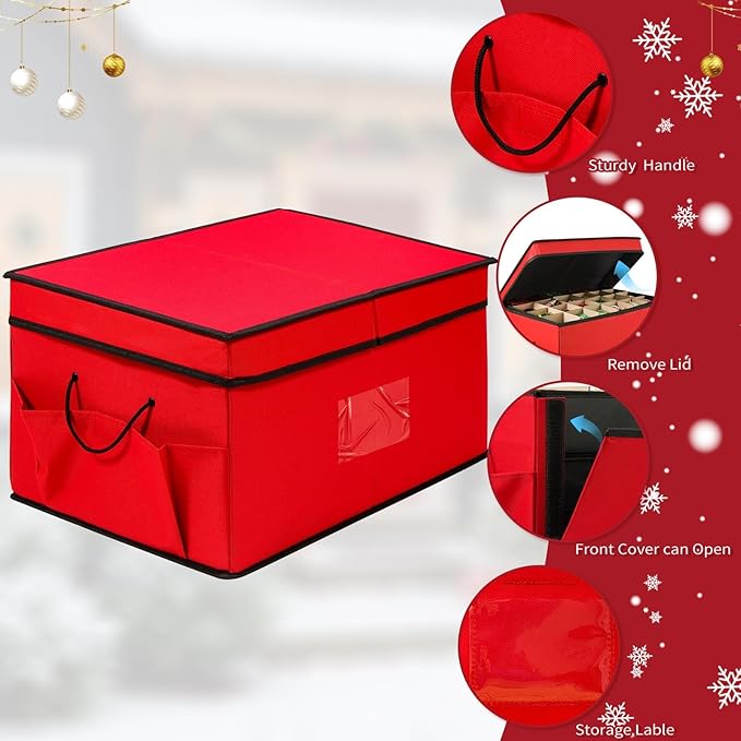 Christmas Ornament Storage Container Box, Adjustable Dividers- Large Christmas Ball Storage Boxes with 3 Removable Trays Keeps Holiday Decorations (72-4")