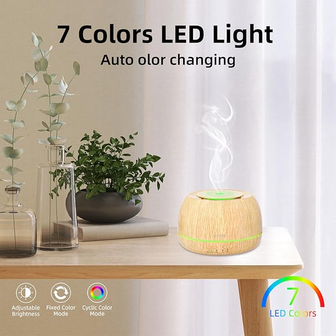 300ML Essential Oil Diffuser 8 Hours Run Time, Aromatherapy Diffuser with Remote Control,7-Color LED for Home