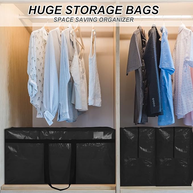 Windyun 4 Pack 98 Gallon Extra Large Moving Bags XXL Heavy Duty Storage Bag with Strong Zipper Handle Jumbo Big Tote Box Foldable for College Dorm Travel Clothes Duffle Blanket Pillow(Black)
