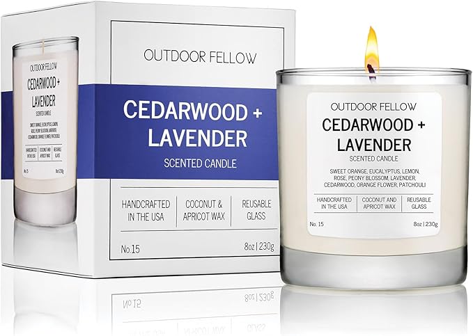 Outdoor Fellow Cedarwood and Lavender Scented Candle, 8oz, Coconut & Apricot Wax Blend, Sweet Orange, Lavender, Cedarwood, Reusable Glass, 40-50 Hour Burn Time