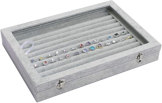 Jewelry Tray Ring Organizer Box with Clear Lid Velvet Tray for Jewelry Storage Display Case, 10 Slots Can Hold 100 Rings Earrings Dustproof Necklace Jewelry Box Organizer & Tray (Grey)