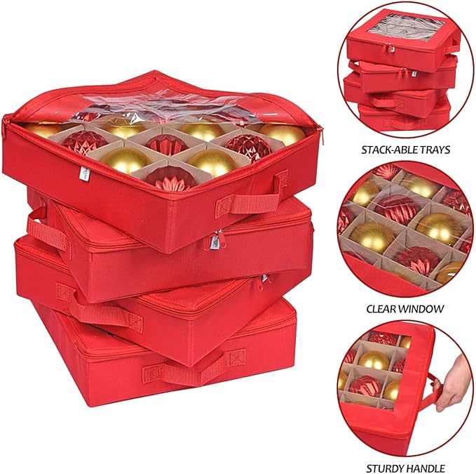 ProPik 4 Pcs Christmas Ornament Storage Boxes with Dividers | 4 Individual Trays Hold 64 Holiday Decoration Balls | Durable Ornaments Organizer Storage Box | Zippered Closure with Handles (Red)