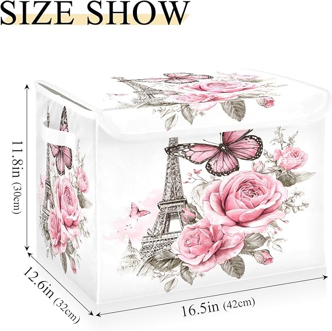 Bolaz Bow Flower Eiffel Tower Storage Bins with Lids and Handles, Foldable Storage Box Storage Basket with Cover Collapsible Organizer Containers for Home Closet, Shelves