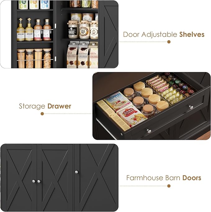 HIFIT 72.8” Tall Kitchen Pantry Cabinet with LED & Charging Station, 55” Wide Farmhouse Pantry Storage Cabinet with Microwave Stand&Shelves&Barn Doors, Black Kitchen Hutch Coffee Bar for Living Room